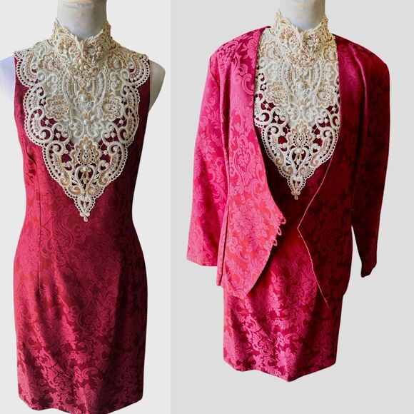 Jessica McClintock Dresses & Skirts - Vtg 80s Brocade Whimsigoth Lace Trim With Asymmetrical Blazer Sheath Dress Set 8